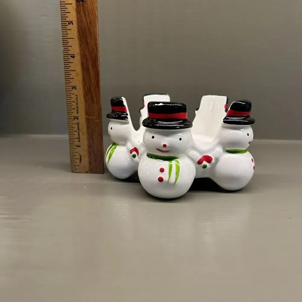 Vintage Christmas Snowman Candle Holder  3in. Pillar  5‎ Jolly Snowmen In a Ring